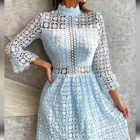 Mesh Insert Mock Neck Flounce Sleeve Lace Dress - Picture 3 of 5